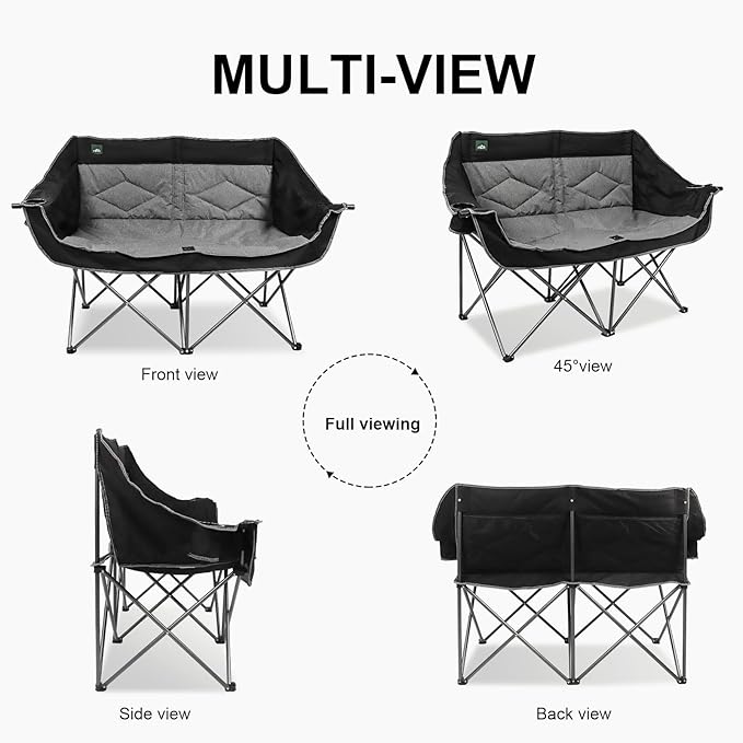 Northroad Folding Loveseat Camping Chair Portable Double Duo Full Padded Garden Sofa Chair for 2 Person w/ 2 Cup Holder,Wine Glass Holder,Support 600lbs for Outdoor Travel (Black)