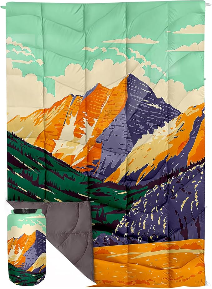 Outdoor Puffy Camping Blanket, Lightweight Down Alternative Puffy Printed Camping Large Ultra Warm Hammock Top Quilt Waterproof Blanket for Traveling Picnic Beach Party Cold Weather (Peak)