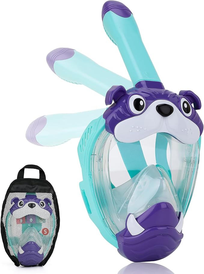 Full Face Snorkel Mask for Kids 4-16, 180 Degree Panoramic View Snorkeling Set Anti-Fog Anti-Leak, Foldable Dry Top Snorkeling Gear for Kids