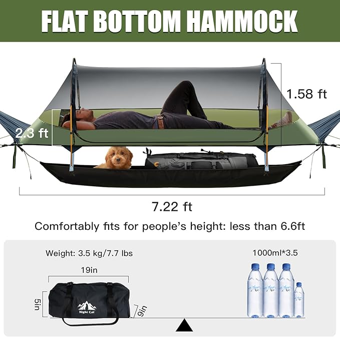 Night Cat Flat Lay Hammock Tent with Mosquito Net Waterproof Rainfly Storage Room for 1 Person Backpacking Hiking Camping Lightweight 330LBS 87x28x19in