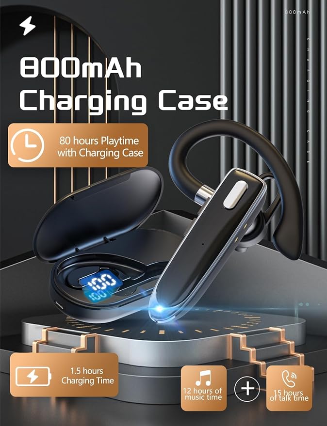 Bluetooth Headset Single Ear Business Earbuds, Wireless Headphones with Mic, Wireless Earbuds with 800mAh Charging Case, 100 Hours Standby Time Bluetooth Earpiece, Earphones for Work,Trucker, Office