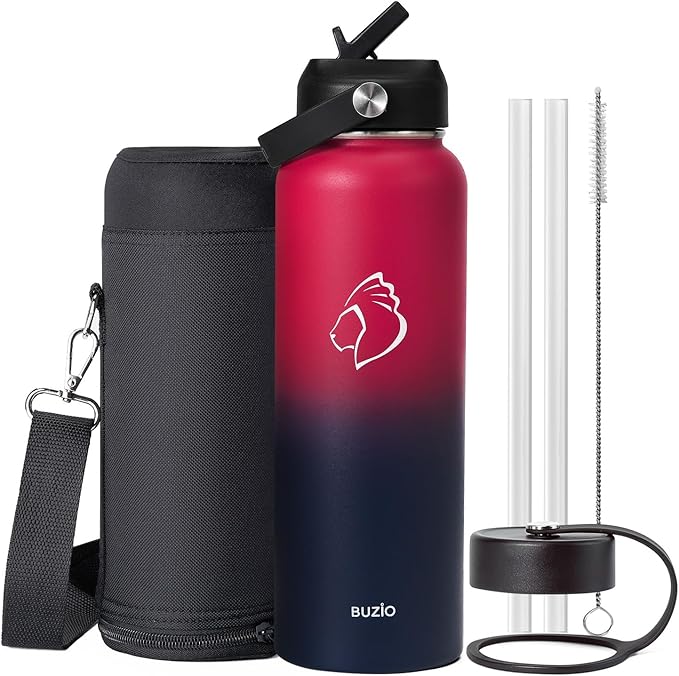 BUZIO 40oz Insulated Water Bottle, Triple Wall Vacuum Stainless Steel Water Flask with 2 lids, Leakproof BPA-Free Straw Lid Sports Canteen Jug, Cold 48H & Hot 24H- Ruby Red Navy