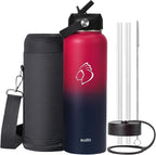 BUZIO 40oz Insulated Water Bottle, Triple Wall Vacuum Stainless Steel Water Flask with 2 lids, Leakproof BPA-Free Straw Lid Sports Canteen Jug, Cold 48H & Hot 24H- Ruby Red Navy
