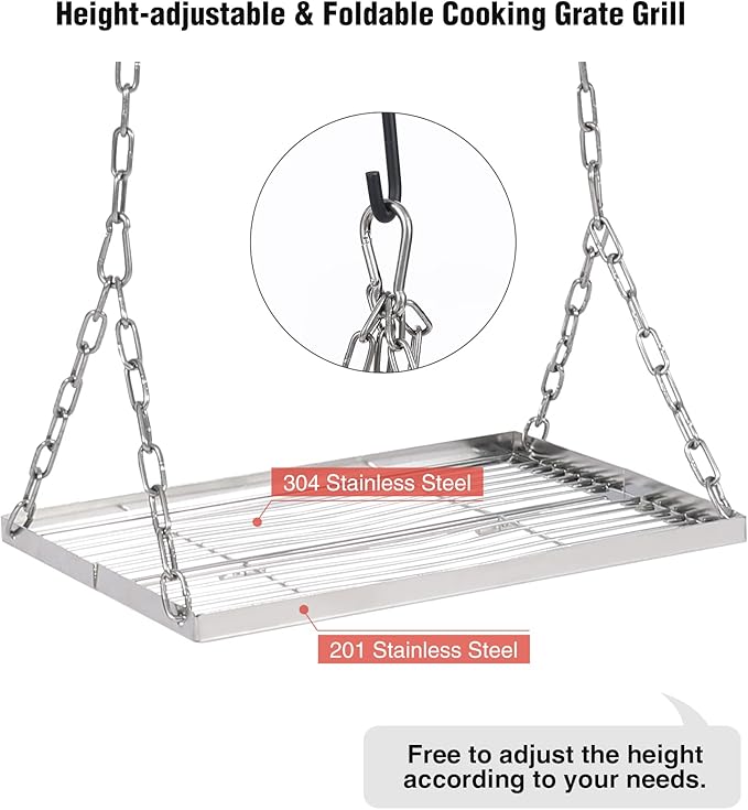 REDCAMP Swing Outdoor Campfire Grill Stand - Collapsible Campfire Cooking Rack with 6 Hooks & Stainless Steel Grill Grate, Portable Dutch Oven Hanger for Camping, Cookware, Bonfire, Rectangle