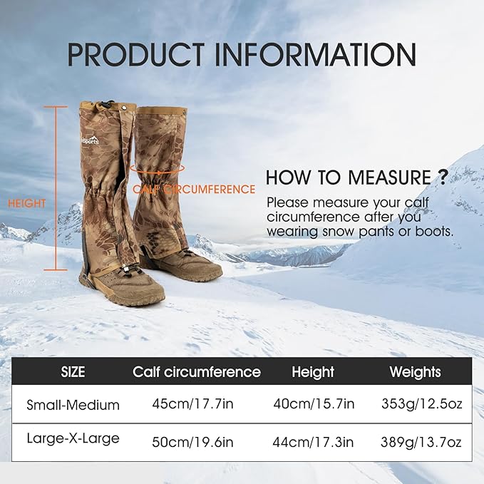 Waterproof Adjustable Leg Gaiters for Men and Women Snow Boot Gaiters for Hiking in Hunting Sand and Mud Mountain Climbing or Snowshoeing