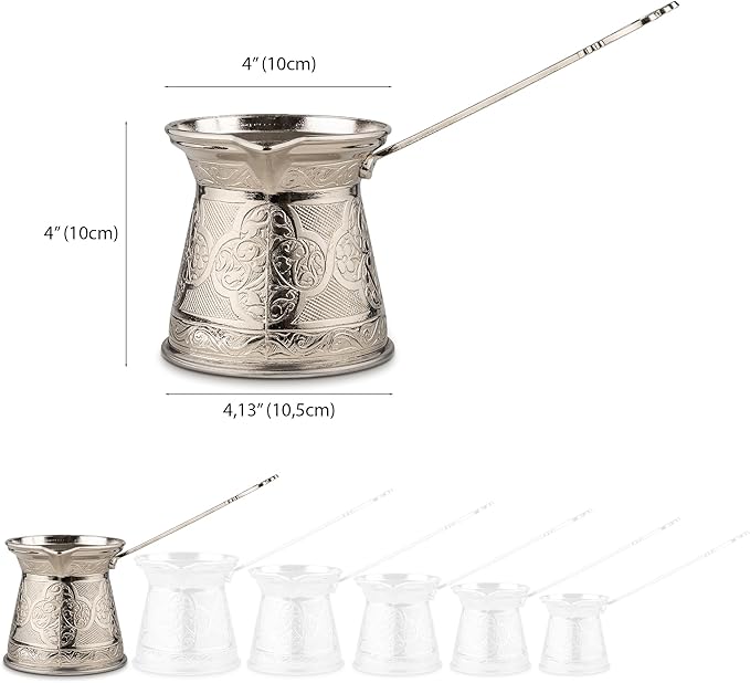 Alisveristime Authentic Turkish Coffee Pot, Handmade Cezve/Ibrik, 4-Inch Width, 4-Inch Height - 20.28 Ounce Enhance Your Coffee Experience Now! (6 Cup) (Silver)