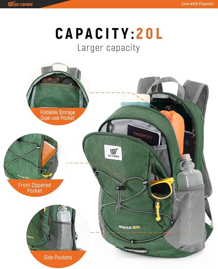 SKYSPER Foldable Small Backpack – 20L Lightweight Hiking Daypack with Chest Belt Packable Travel Rucksack for Women Men
