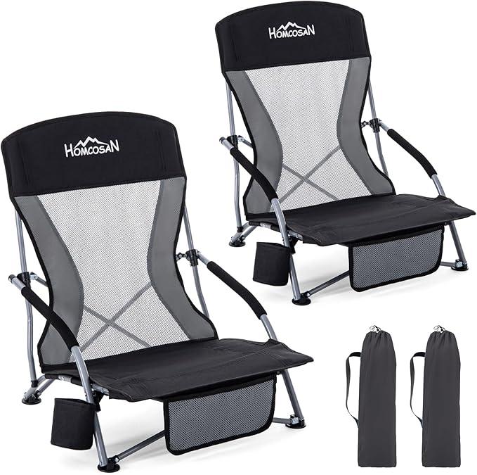 Homcosan Portable Low Folding Beach Chairs Set of 2 - Lightweight Camping Chairs for Adults with Cup Holder & Storage Pockets, Carry Bag Included (Black & Gray)