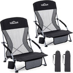 Homcosan Portable Low Folding Beach Chairs Set of 2 - Lightweight Camping Chairs for Adults with Cup Holder & Storage Pockets, Carry Bag Included (Black & Gray)