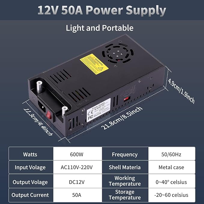AC to DC Converter 600W 50A, 12V Power Supply 110v to 12v Converter Adjustable Power Supply Universal Power Adapter for Radio, Car Stereos, LED Strip, CCTV, Computer Project, 3D Printer Black