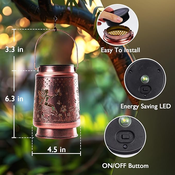 Homemory Solar Lanterns Fairy Lights Outdoor Waterproof Garden Decor Women Gifts for Birthday, LED Hanging Solar Lights Metal Lantern Decoration Outside for Yard, Patio, Backyard, Porch, Lawn
