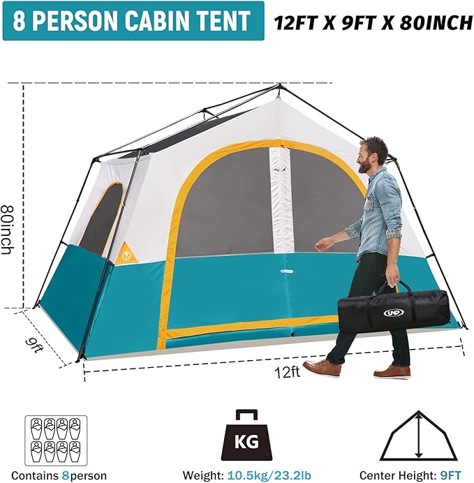 HIKERGARDEN 6-8 Person Camping Tent - Portable Family Cabin Tent for Camp, Windproof Fabric Camp Tent Outdoor for Hiking, Backpacking, Traveling