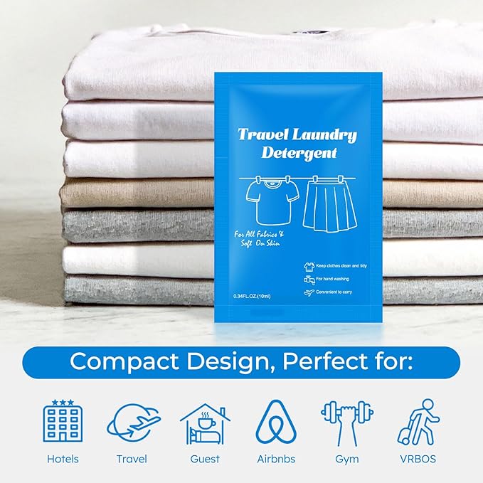 100 Pack Travel Laundry Detergent Bulk, Portable Single Use Liquid Laundry Soap, Verbena Scented, 20ml Mini Individual Pack TSA Approved Travel Size for Traveler, Cruise, Hostel & Camping Essentials