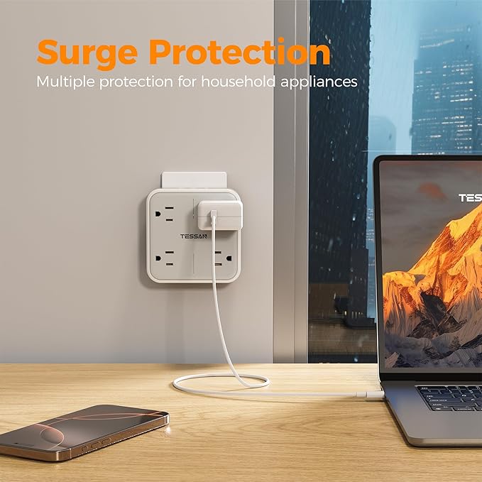 TESSAN Multi Plug Outlet Extender, Surge Protector Splitter with 3 USB (1 USB C Port) Wall Charger, Multiple Expander for Travel, Home, College Dorm Room, White
