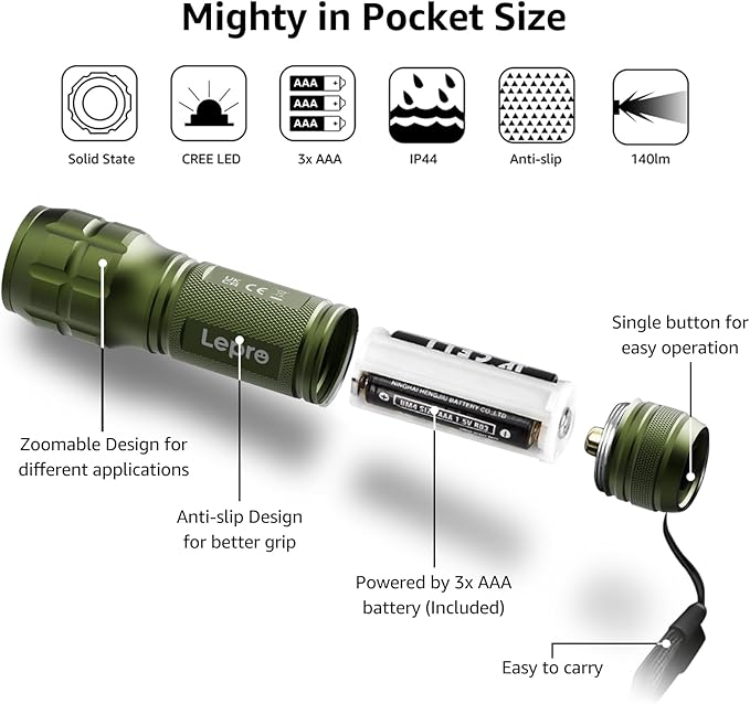 Lighting EVER LED Flashlights High Lumens, Small Flashlight, Waterproof, Adjustable Focus Flash Light for Outdoor, Emergency, AAA Batteries Included