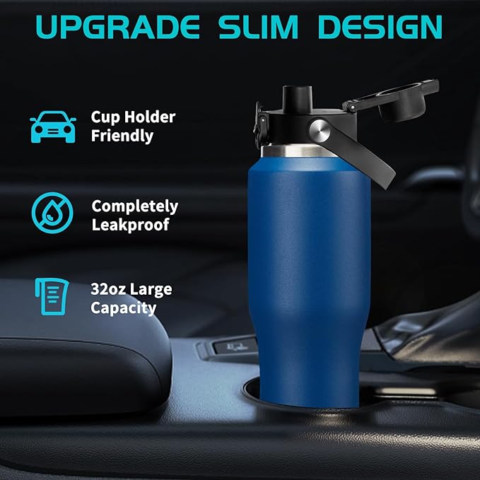 32 oz Water Bottles with Straw & Spout Lid - Keep Cold 48h & Hot 24h Vacuum Slim Metal Insulated Flask Fits in The Car, Bike, Treadmill, Stroller, Golf Cart Cup Holder, Travel Coffee Mug