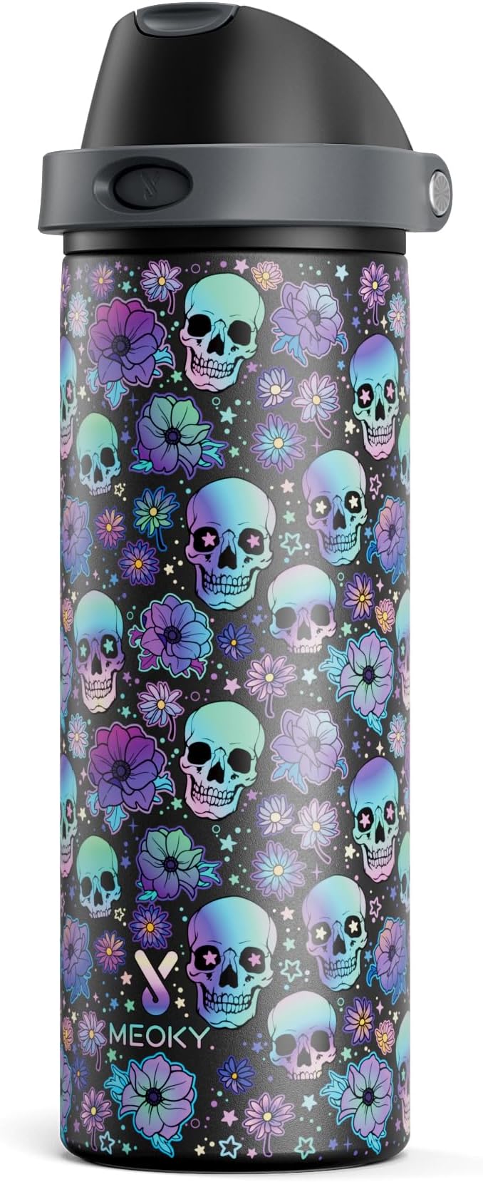 24 oz Halloween Insulated Water Bottle: Meoky Stainless Steel Water Bottle with 2-in-1 Straw and Spout Lid - Leak Proof, Fits in Car Cup Holder, Halloween Gifts for Women Men, Ghost Bloom