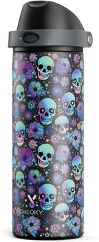 24 oz Halloween Insulated Water Bottle: Meoky Stainless Steel Water Bottle with 2-in-1 Straw and Spout Lid - Leak Proof, Fits in Car Cup Holder, Halloween Gifts for Women Men, Ghost Bloom