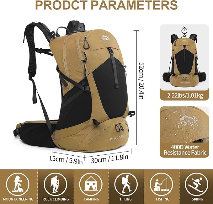Hiking Backpack, Waterproof Hiking Daypack with 3L Water Bladder and Rain Cover, Lightweight Travel Camping Backpack for Men Women (Khaki)