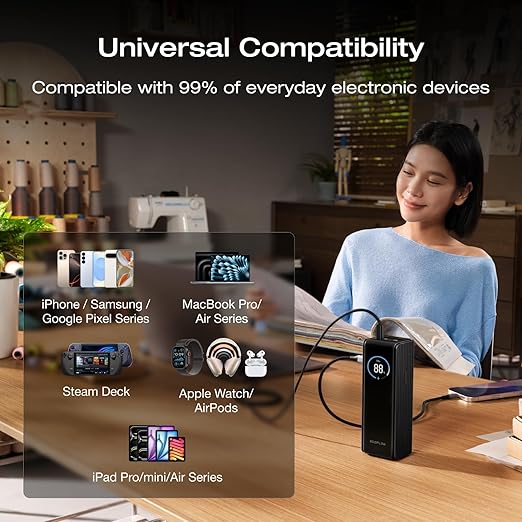 EF ECOFLOW Rapid Power Bank 25,000mAh, 170W Portable Charger with Dual 140W USB-C Ports for Multi-Device Charging, Smart TFT Screen, Compatible with iPhone Series, Samsung, Laptop and More (Black)