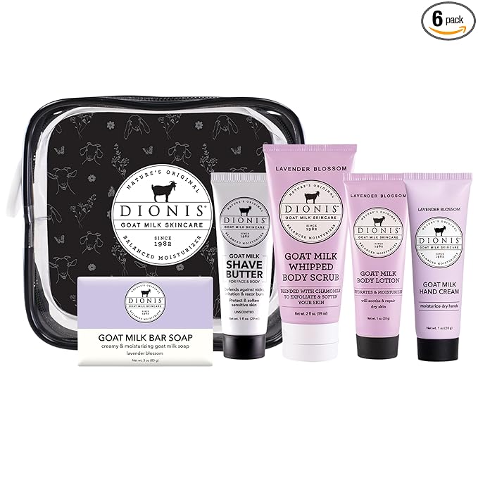 Dionis Goat Milk Lavender Blossom Hand Cream, Body Lotion, Whipped Body Scrub, Shave Butter, Bar Soap 3 oz & Carrying Case 6-Piece Travel Set