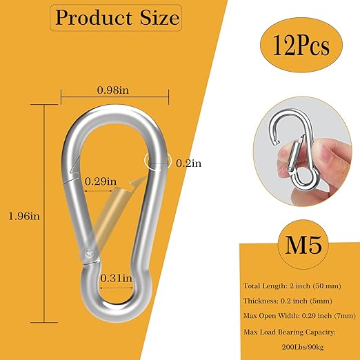 12PCS 2 Inch Small Carabiner Clip, Spring Snap Hook, Heavy Duty Galvanized Steel Keychain Carabiner, Locking Climbing Caribiners Clips for Gym, Plant Hanging, Outdoor Camping, Hiking, 200 lbs Capacity