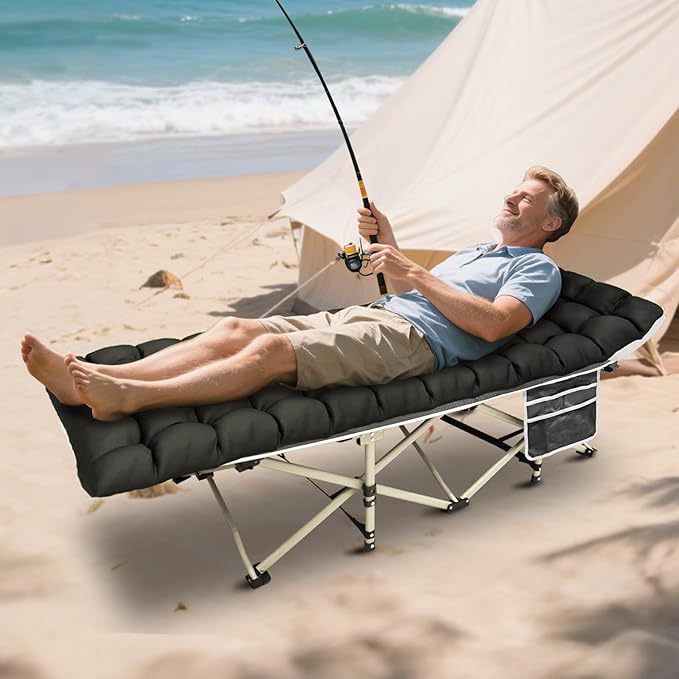 YELLOW JACKET Camping Cot with Mattress for Adults, Folding Sleeping Cot 600lbs Max Load, Portable Camping Cot with Carry Bag, 28" Wide Cot for Camping, Home,Office,Travel (Black)