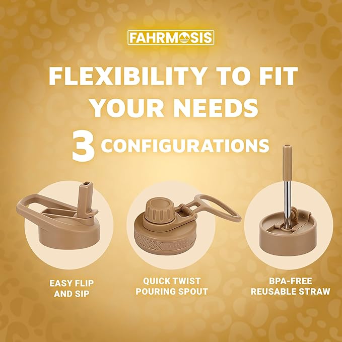 32 Oz Insulated Water Bottle with Strap Stainless Steel Sports Water Bottle with 3 Lids (Straw, Chug & Flip Lid) 1 Liter Leak Proof Insulated Metal Jug for Men & Women - Gold Leopard