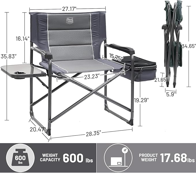 TIMBER RIDGE XXL Oversized Directors Chair 600lbs - Heavy Duty Camping Chair with Cooler Bag & Table, Portable Folding Chair with Wide Seat for Tailgating, Patio, Outdoor - Grey (2 Pack)