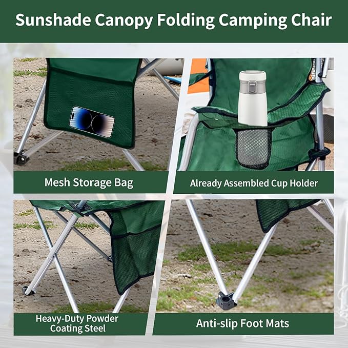 Portable Camping Chair with Canopy Shade- Folding Camping Lounge Chair with Cup Holder & Side Pocket for Outdoor Camping, Fishing, Beach - Support 330 LBS (Green)