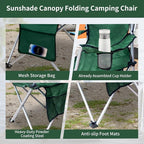 Portable Camping Chair with Canopy Shade- Folding Camping Lounge Chair with Cup Holder & Side Pocket for Outdoor Camping, Fishing, Beach - Support 330 LBS (GREEN-2PK)