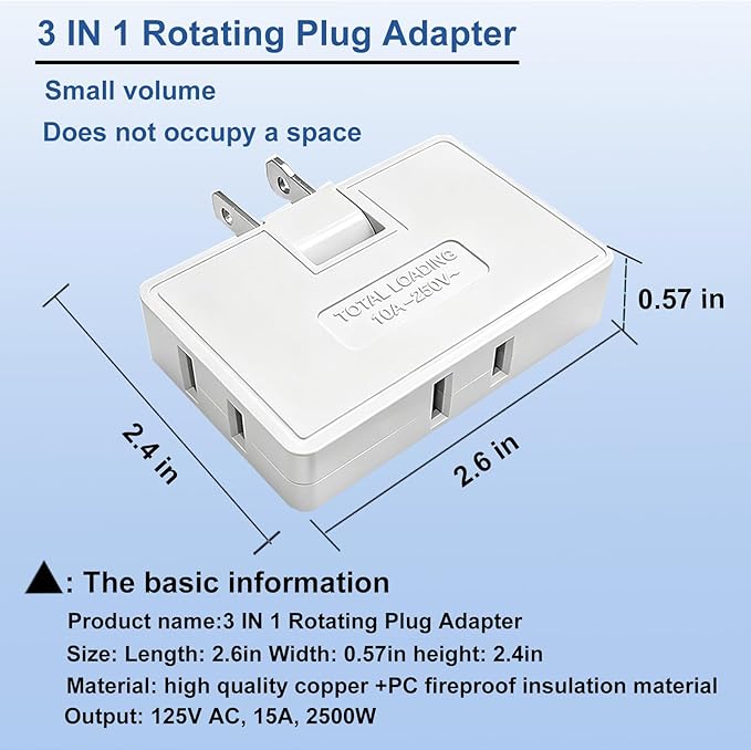 Flat Outlet Extender,3 Way 2 Prong180 Degree Portable Swivel Wall Tap Plug,Ultra Thin Folding Electrical Outlet Splitter (Easy Install),Type A,White,Pack of 3