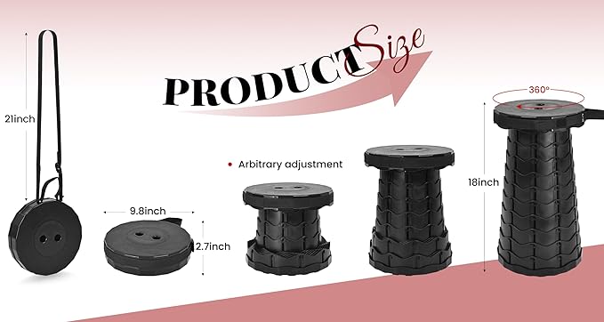 2 Pack Upgraded Collapsible Stool Folding Stool with Cushion,Retractable Folding Stool Max Load Capacity 400lbs, Portable Telescoping Stools for Camping Hiking Outdoor BBQ -Black