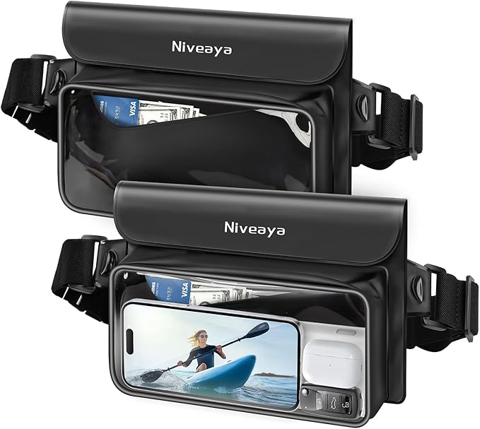 Niveaya IP68 Waterproof Fanny Pack - 2 Pack, Floating Dry Bag Pouch, Phone Waterproof Waist Pouch Dry Bag, Beach, Kayaking, Swimming, Boat Essentials, for iPhone 16/15/14/13/12 Pro Max up to 9.5"