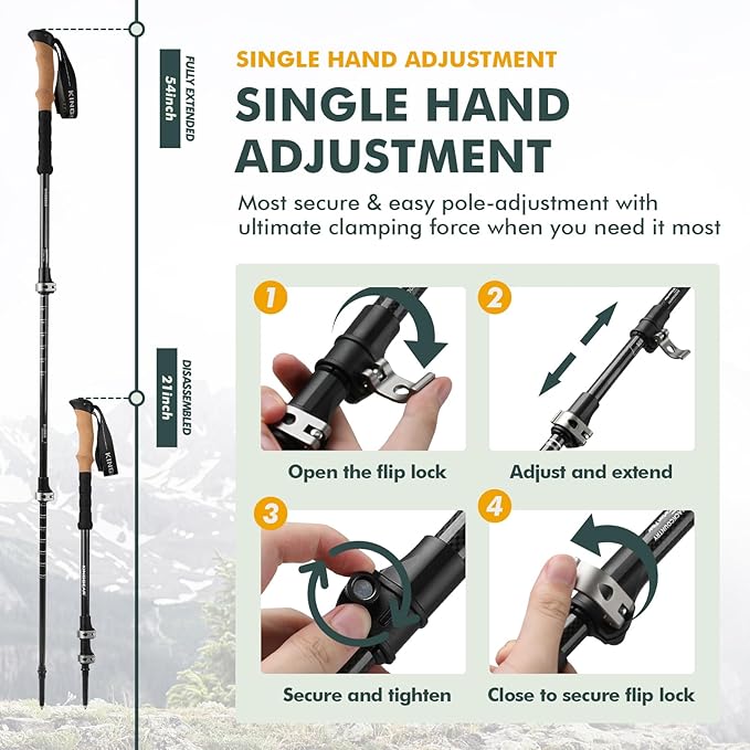 KINGGEAR TPC-3K 100% Carbon Fiber Trekking Poles for Hiking - Ultralight Collapsible Hiking Poles with Cork & EVA Foam Grips, Adjustable Metal Flip Locks, Tungsten Tips - Ideal Hiking