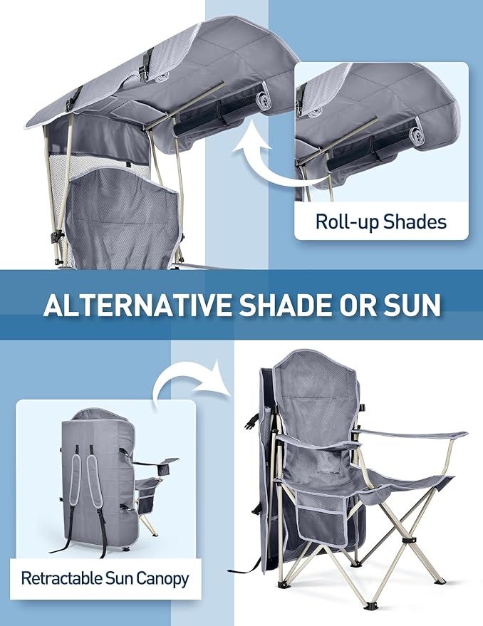 Beach Chair with Canopy Shade, Folding Camping Chair with Canopy with Cup Holder, Side Pocket for Camp, Beach, Tailgates, Fishing - Support 330 LBS
