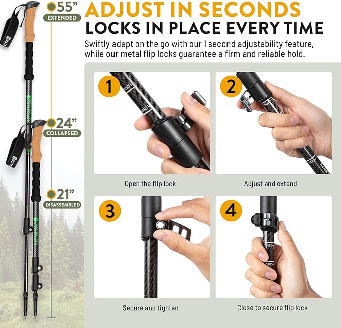 100% Carbon Fiber Trekking Poles by USA Brand - Ultra Strong Lightweight Collapsible Hiking Poles with Cork and EVA Foam Grips & Quick Adjustable Flip Locks