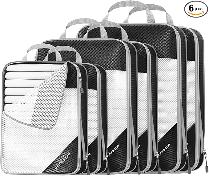 6 Set Compression Packing Cubes for Travel - Compressible, Lightweight, and Space-Saving Packing Cubes, Travel Essentials for Women, Black
