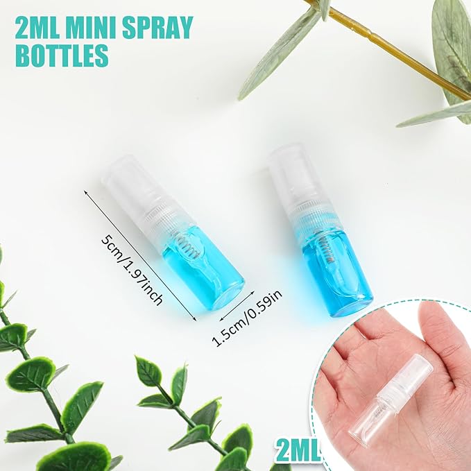 Zhehao 50 Pcs Mini Spray Bottles 2 ml Clear Glass Perfume Bottles Refillable Fine Mist Perfume Atomizer Portable Empty Sample Containers for Cleaning, Essential Oils, Travel (Clear Cap)