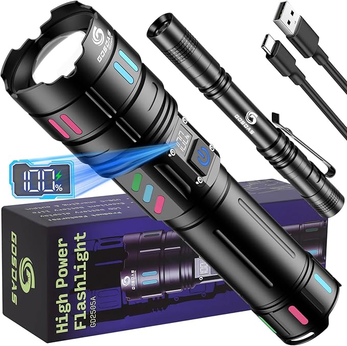 Rechargeable Flashlights High Lumens 10000 Long Distance, Single Click 3 Modes, Super Bright LED Flashlight USB C Long Lasting 15H, Powerful Strong Flash Light for Security Hiking Camping