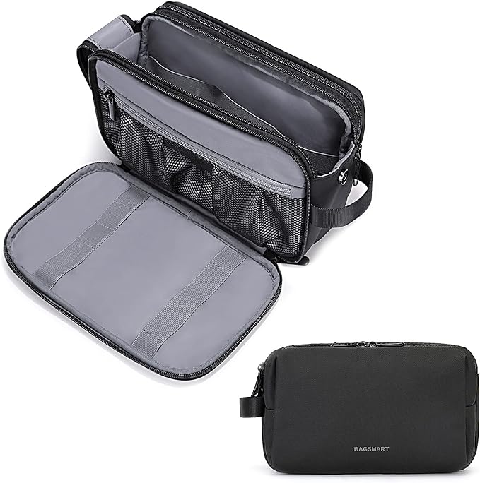 BAGSMART Toiletry Bag for Men, Travel Toiletry Organizer Dopp Kit Water-resistant Shaving Bag for Toiletries Accessories, Door Room Essentials,Black-large