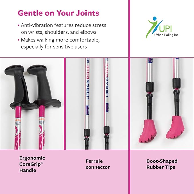 Urban Poling - Urban Poles 4Life - Lightweight, Aluminum Nordic Walking Sticks - Pink & Silver - 1 Pair – for Users 4'2"–6'2" - Collapsible & Adjustable Hiking Gear