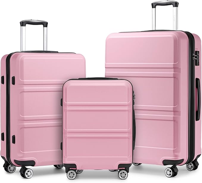 Kono 3 Piece Luggage Sets Expandable(only 28") Lightweight with Spinner Wheels TSA Lock Hardside Travel Rolling Suitcases 20in 24in 28in Carry on Pink