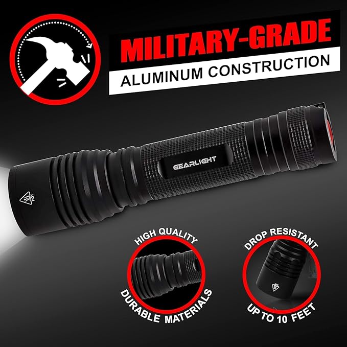 GearLight S2000 LED Flashlight High Lumens - Super Bright, Powerful, Mid-Size Tactical Flashlight for Outdoor Activity & Emergency Use - S2000-1 Pack, (Batteries Not Included)