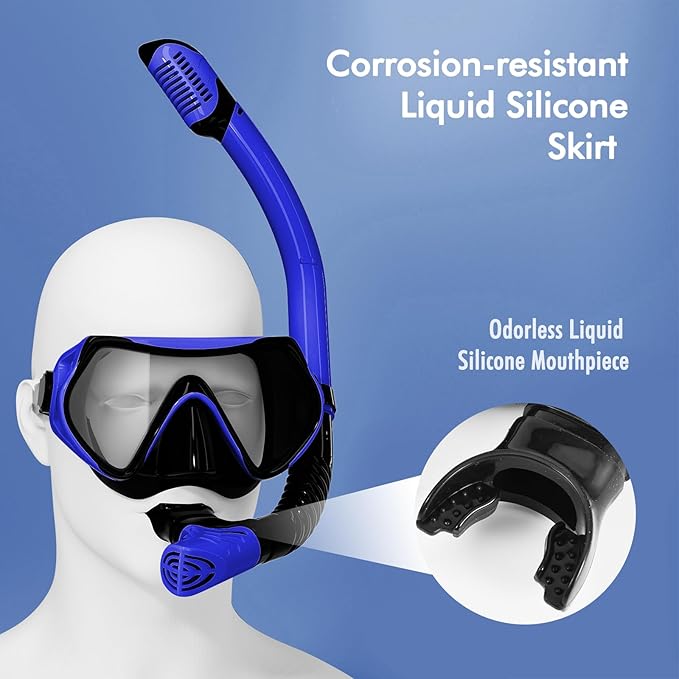Snorkeling Gear for Adults, JRing Snorkel Mask Set with 180 Degree Tempered Glass Anti Fog Goggles Scuba Dry Top Snorkel for Swimming, Scuba Diving Mask for Men Women