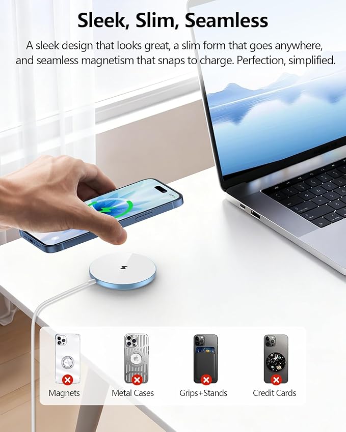 NANAMI Magnetic Wireless Charger Pad with 20W PD Adapter,for MagSafe iPhone 17/16/15/14/13/12 Series & AirPods 3/2/Pro/Pro 2,Non-Slip Base & Strong Magnetic Alignment for Desk and Office Use(Blue)