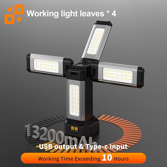 Upgraded Aluminum13200mAh Rechargeable Work Light with Folding Stand and Carrying Bag, 8000 Lumen Cordless Camping Light, White/Warm/Nature White with Detachable Tripod (Standard)