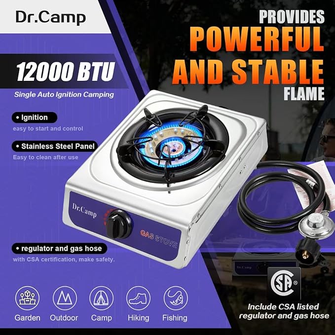 12000 BTU Single Auto Ignition Camping Garden Outdoor Camp Garden Hiking Fishing Propane Stove Cooker Griddle, Include CSA listed regulator and gas hose