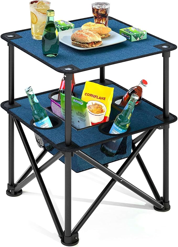 Folding Camping Table, Portable Outdoor Picnic Table, Lightweight Square Camp Table with Built-in 4 Cup Holders Food Basket and Travel Bag for Barbeque Beach Camping and Tailgate Blue