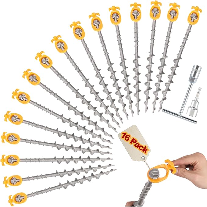 16 PCS Screw in Tent Stakes for Women Men - Ground Anchors for Sand, Canopy, Trampolines, Camping Aluminium Heavy Duty Rust Prevention Pegs Drillable Lightweight Safe - Silvery 14 inch